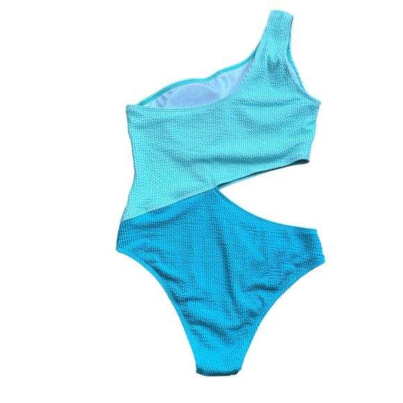 Colorblock Two Toned Blue One Shoulder Cut Out One Piece Swimsuit Size L - Picture 5 of 10